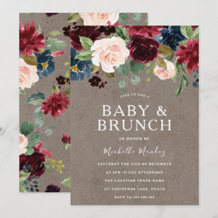 Invitation Brunch Baby shower bourguignon floral rustique