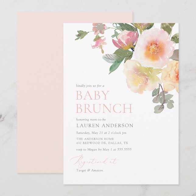 Invitation Brunch Baby shower Floral rose (Devant / Derrière)
