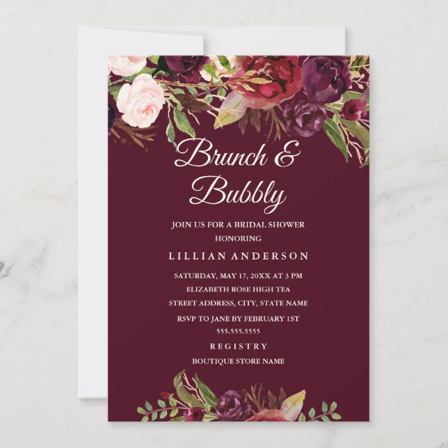 Invitation Brunch bordeaux floral et Fête des mariées bulle (Devant)