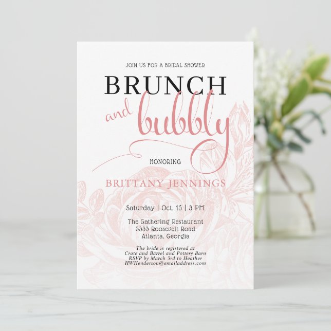 Invitation Brunch botanique rose et Fête des mariées mousseus (Debout devant)