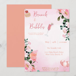 Invitation Brunch & Bubbles Fête des Mères Brunch Pink Floral
