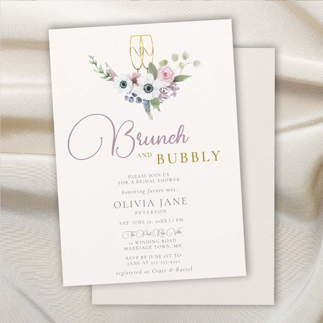 Invitation Brunch Bubbly Anemones Gold Boho Fête des mariées (brunch and bubbly bridal shower invitation floral anemones bouquet champagne flutes gold elegant )