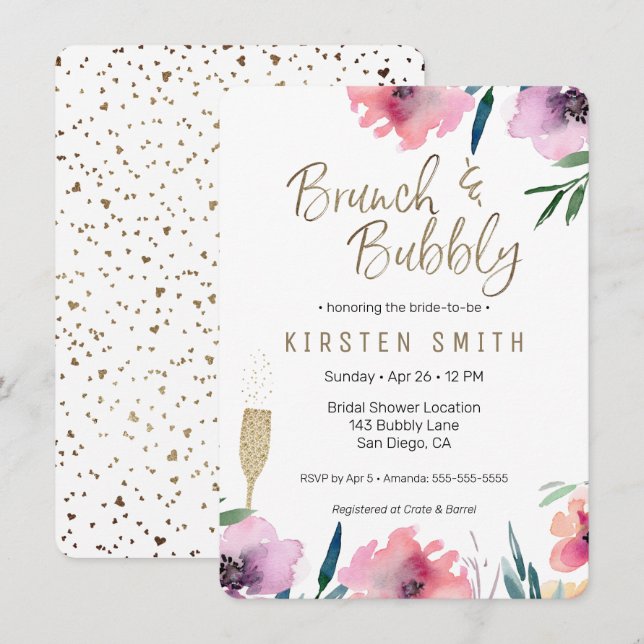 Invitation Brunch & Bubbly Aquarelle Fête des mariées florale (Devant / Derrière)