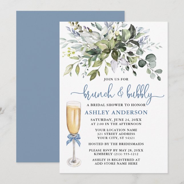Invitation Brunch Bubbly Aquarelle verte Dusty Blue (Devant / Derrière)