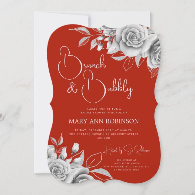 Invitation BRUNCH & BUBBLY Argent Fête des mariées Florale Ro (Devant)