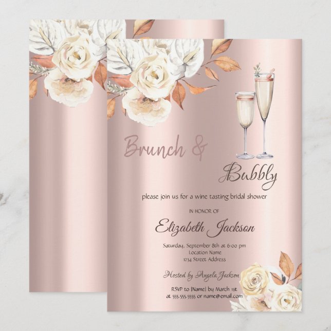 Invitation Brunch & Bubbly Autumn Flowers Fête des mariées (Devant / Derrière)