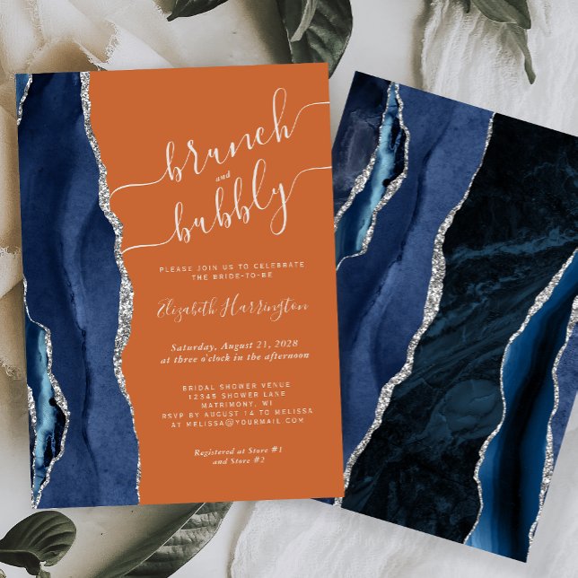 Invitation Brunch & Bubbly Blue Argent Agate Burnt Orange (Créateur téléchargé)