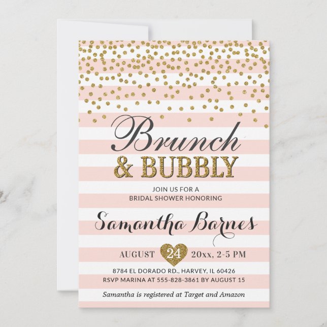 Invitation Brunch Bubbly Blush Pink Gold Fête des mariées (Devant)