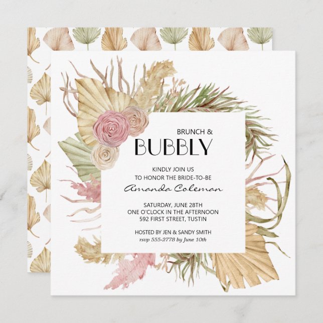 Invitation Brunch Bubbly Boho Fête des mariées Feuille (Devant / Derrière)