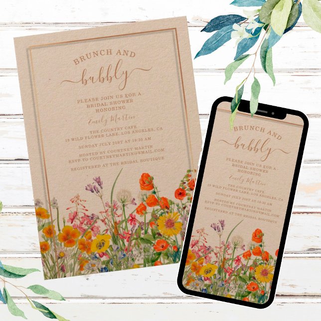 Invitation Brunch & Bubbly Boho Fleurs sauvages Fête des mari (Créateur téléchargé)