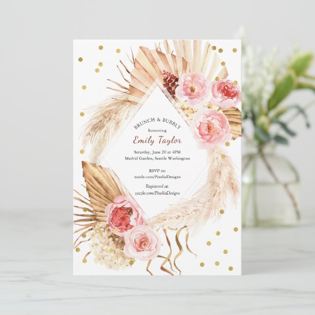 Invitation Brunch & Bubbly Boho Pampas Blush Rose Floral (Debout devant)