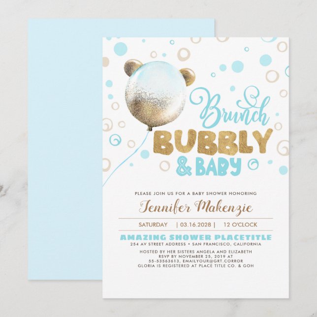 Invitation Brunch Bubbly et bébé Baby shower ours en peluche (Devant / Derrière)