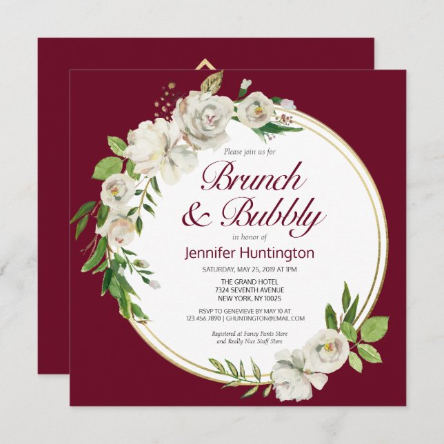 Invitation Brunch & Bubbly Fête des mariées Bourgogne Boho (Devant / Derrière)