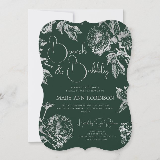 Invitation BRUNCH BUBBLY Fête des mariées florale argent Émer (Devant)