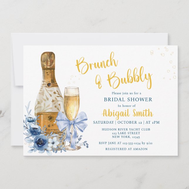 Invitation BRUNCH & BUBBLY Fête des mariées florale bleue (Devant)