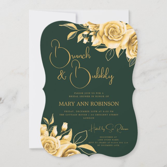 Invitation BRUNCH & BUBBLY Fête des mariées Florale Or Emeral (Devant)