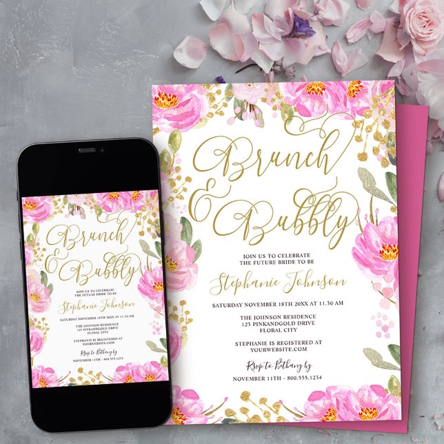 Invitation Brunch & Bubbly Fête des mariées florale rose et o (Brunch & Bubbly bridal shower invitation from my Pink and Gold Watercolor Floral Collection)