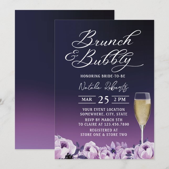 Invitation Brunch Bubbly Fête des mariées florale violette pr (Devant / Derrière)