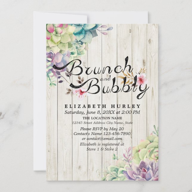 Invitation Brunch Bubbly Fête des mariées Succulent Bois rust (Devant)