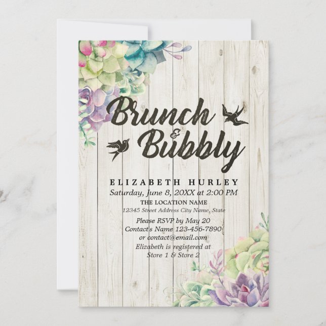 Invitation Brunch Bubbly Fête des mariées Succulent Bois rust (Devant)