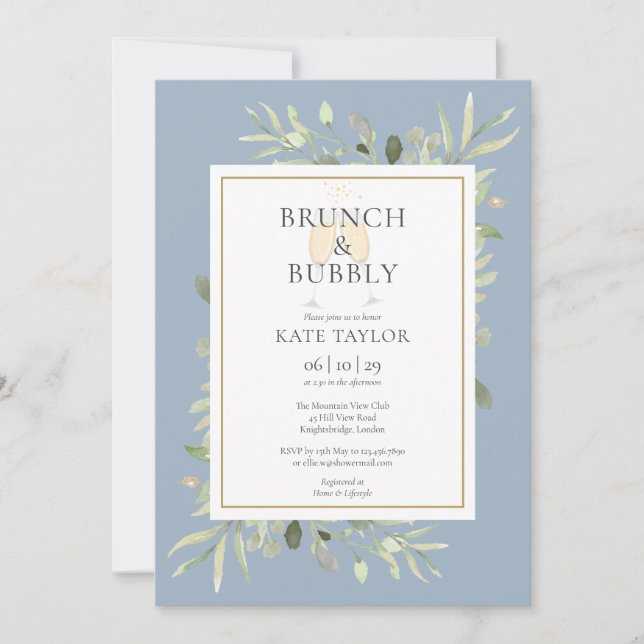 Invitation Brunch Bubbly Fête des mariées verdure Dusty Blue (Devant)