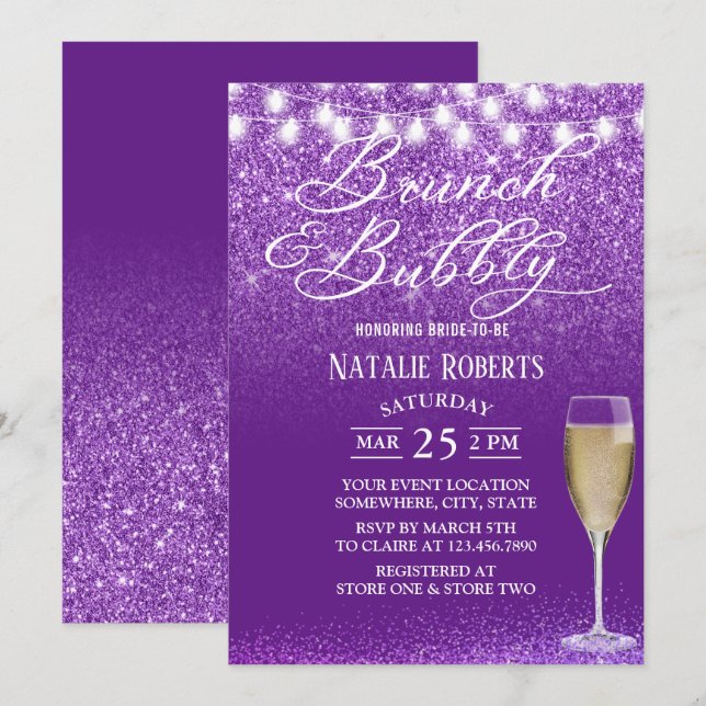 Invitation Brunch & Bubbly Fête des mariées violette moderne (Devant / Derrière)