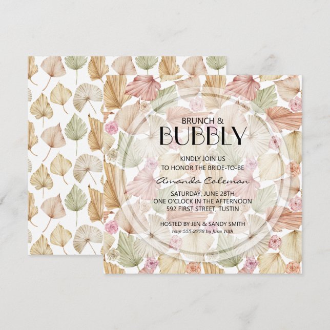 Invitation Brunch Bubbly Feuilles séchés Fête des mariées (Devant / Derrière)