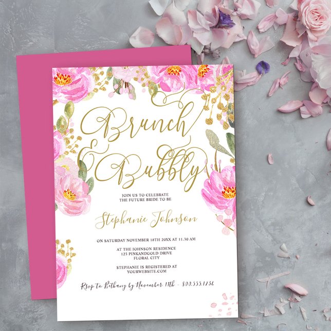 Invitation Brunch & Bubbly Floral rose et Fête des mariées or (Bridal Shower brunch & bubbly invite from my Pink and Gold Watercolor Floral Collection
)