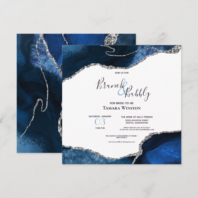 Invitation Brunch Bubbly Marine Argent Parties scintillant Ag (Devant / Derrière)