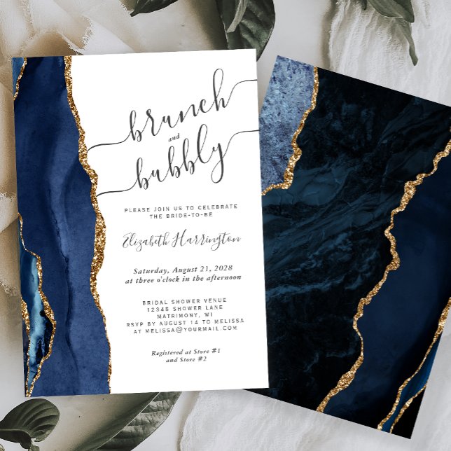 Invitation Brunch & Bubbly Marine Blue Gold Agate Fête des ma (Créateur téléchargé)