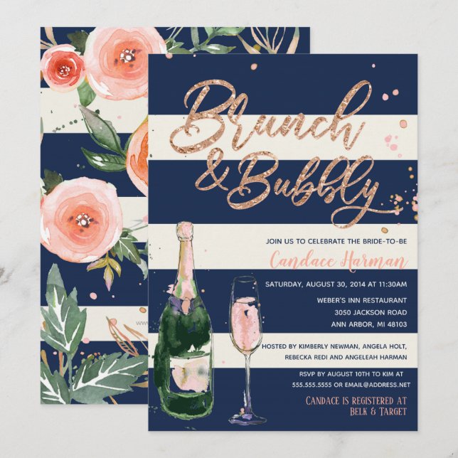 Invitation Brunch & Bubbly Parties scintillant Rose Fête des  (Devant / Derrière)