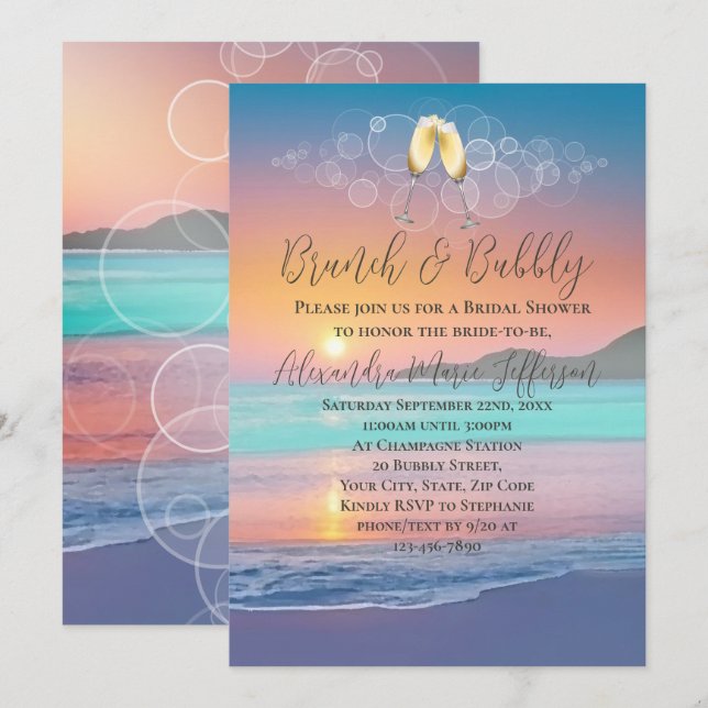 Invitation Brunch Bubbly Pastel Sunset Beach Fête des mariées (Devant / Derrière)