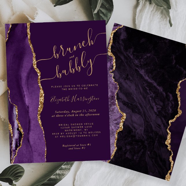 Invitation Brunch & Bubbly Purple Gold Agate Fête des mariées (Créateur téléchargé)