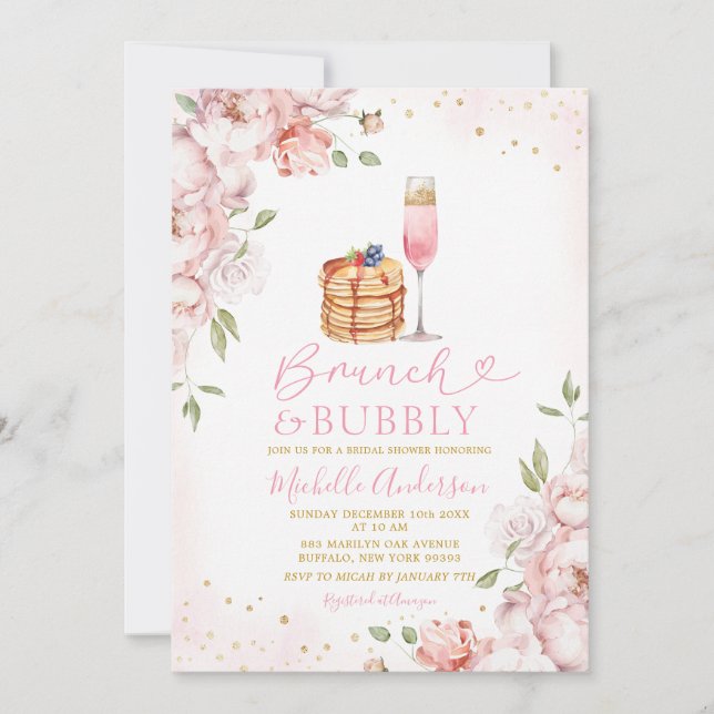 Invitation Brunch & Bubbly Rose Floral Vin Fête des mariées (Devant)