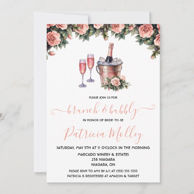 Invitation Brunch & Bubbly, Roses roses et verts, Fête des ma (Devant)