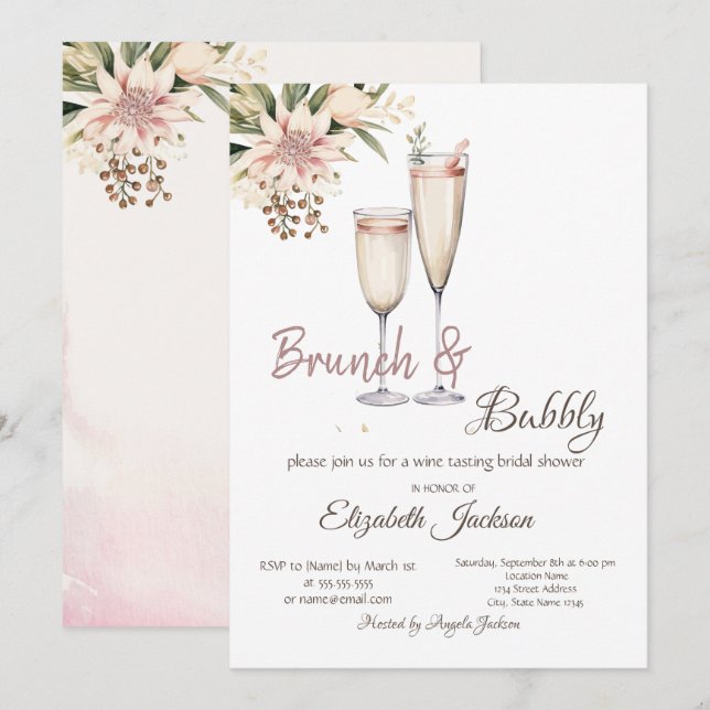 Invitation Brunch & Bubbly Vin Verre Fête des mariées Florale (Devant / Derrière)