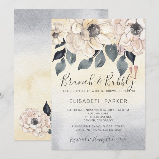 Invitation Brunch & bulle aquarelle fleurie douche nuptiale (Devant / Derrière)