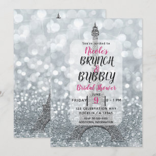 Invitation Brunch bulles paillettes scintillantes tour Eiffel