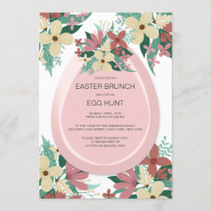 Invitation Brunch Chasse aux oeufs Illustration florale rose 