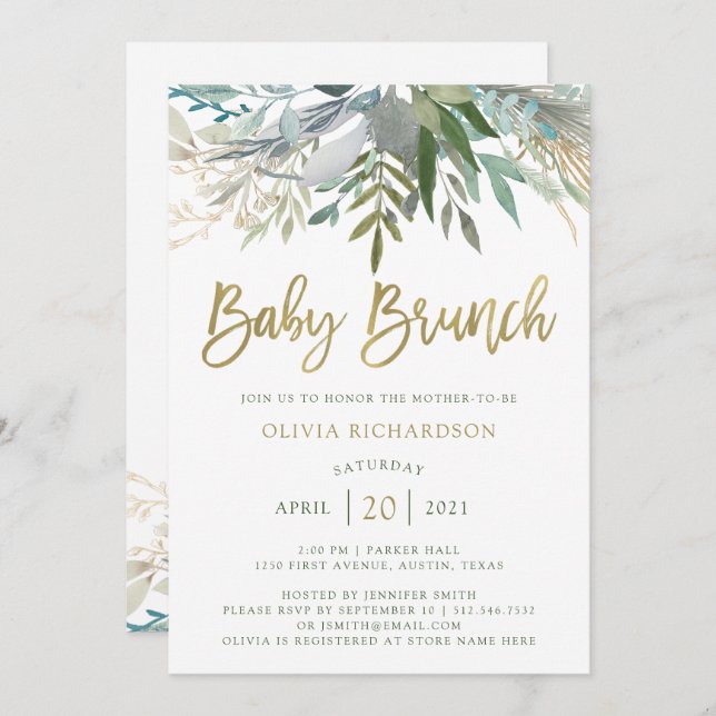 Invitation Brunch chic de bébé du feuillage | avec le (Devant / Derrière)