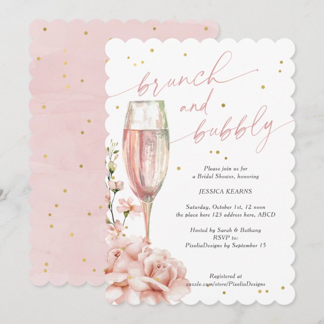 Invitation Brunch chic floral floral flûtes champagne et mous (Devant / Derrière)