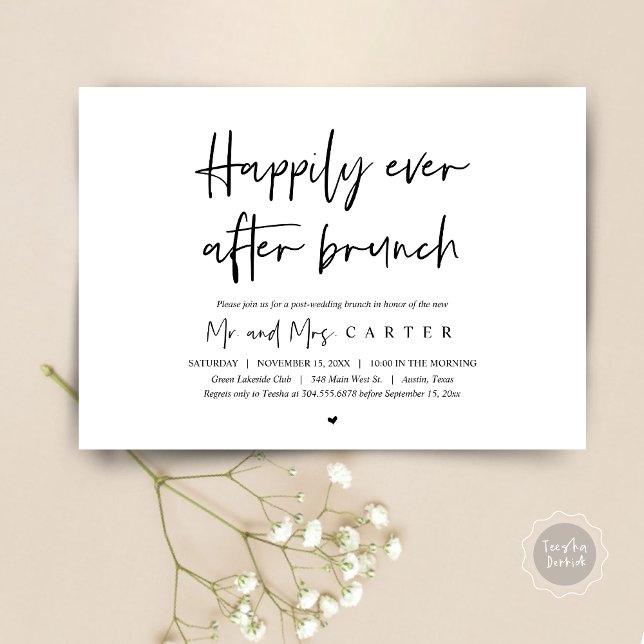 Invitation Brunch de déjeuner pour toujours après le mariage (Happily Ever After Brunch Invitation Card, Post wedding, Modern Script, Timeless Black and White)