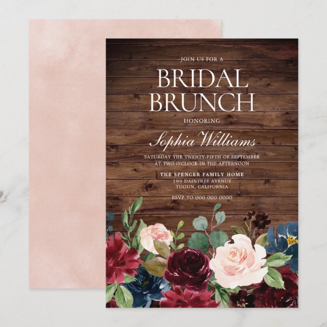 Invitation Brunch de Fête des mariées florale rose et bordeau (Devant / Derrière)
