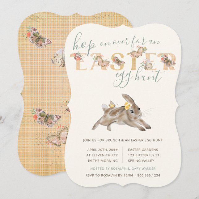 Invitation Brunch de lapin de Pâques et papillon et chasse au (Devant / Derrière)