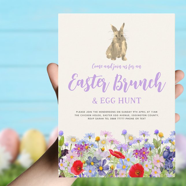 Invitation Brunch de lapin de Pâques fleur sauvage et chasse  (Boho wildflower Easter brunch and egg hunt cute bunny invitation )