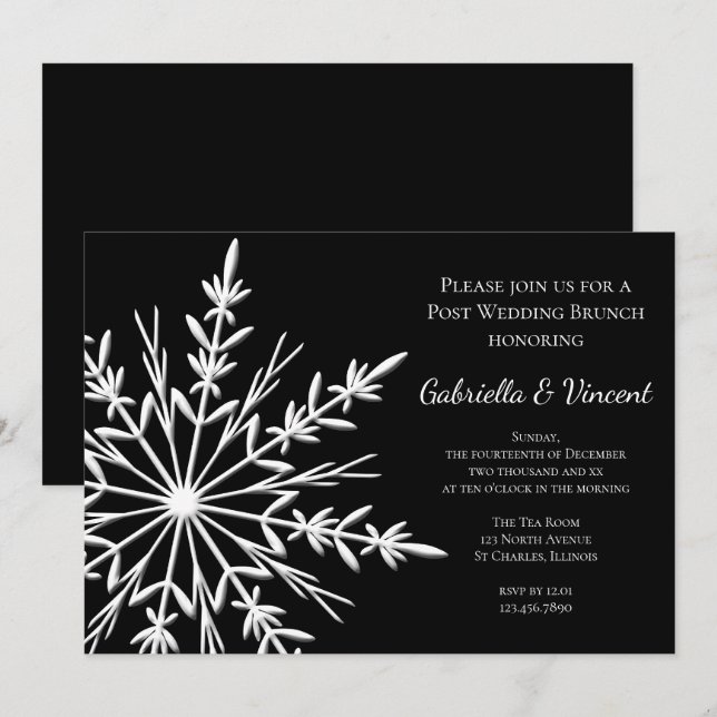 Invitation Brunch de mariage hivernal flocon de neige noir et (Devant / Derrière)