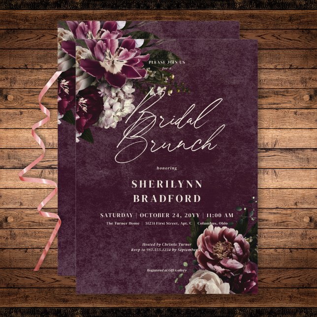 Invitation Brunch de mariée à la florale noire et blanche (Dark Elegant Burgundy & White Floral Bridal Brunch Invitation)