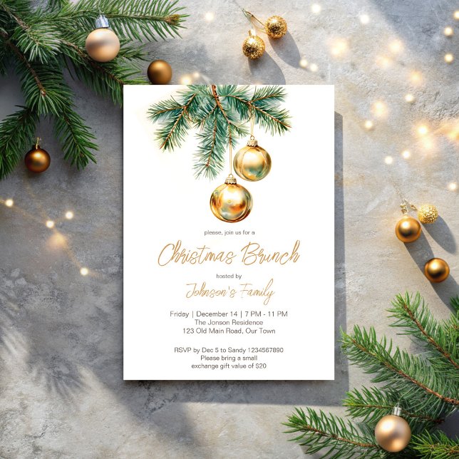 Invitation Brunch de Noël en or baubles pines (Christmas brunch party invitation cards gold baubles pines simple modern Christmas invitation)