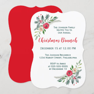 Invitation Brunch de Noël Fleurs d'hiver et Holly
