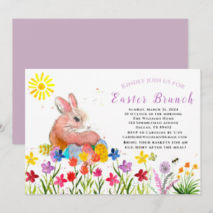 Invitation Brunch de Pâques Aquarelle Lapin Oeufs de lapin Fl